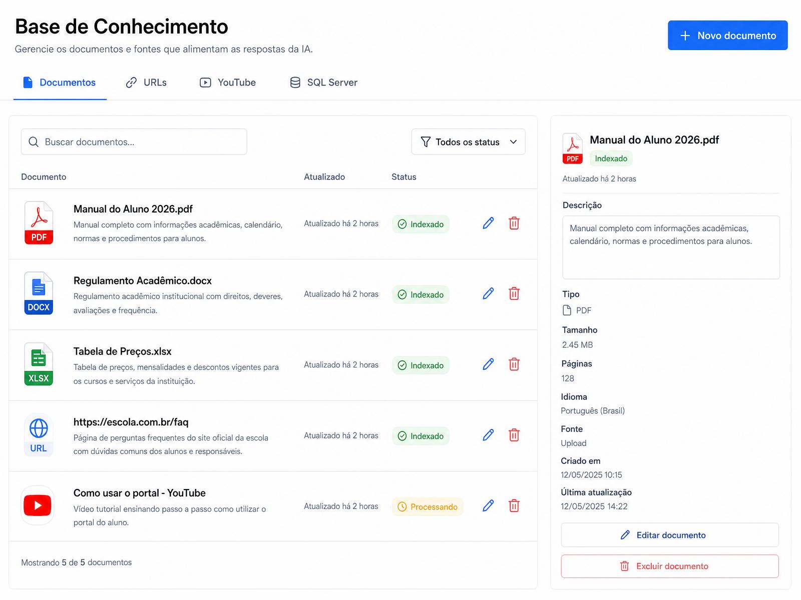Mockup da base de conhecimento — upload de PDF, Excel e DOCX